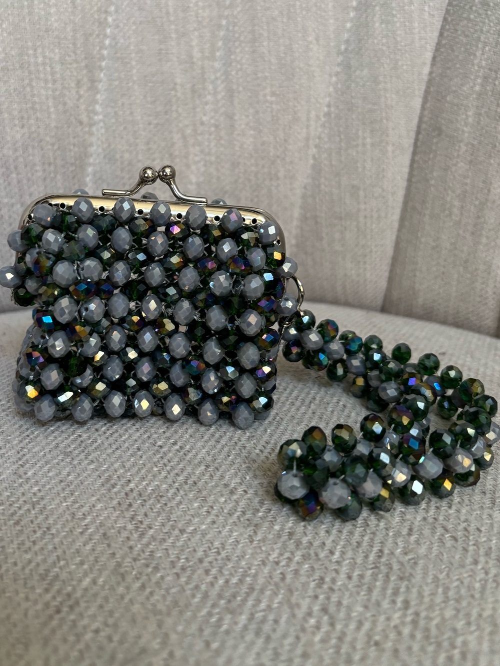 Custom Grey and Dark Green Glass Crystal Beaded Mini Clutch with Wristband